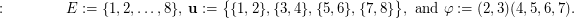 $$ :\qquad\qquad E := \{1,2,\dots,8\}, \ {\bf u} := \big\{\{1,2\}, \{3,4\}, \{5,6\}, \{7,8\}\big\}, \text{ and } \varphi:= (2,3)(4,5,6,7). $$